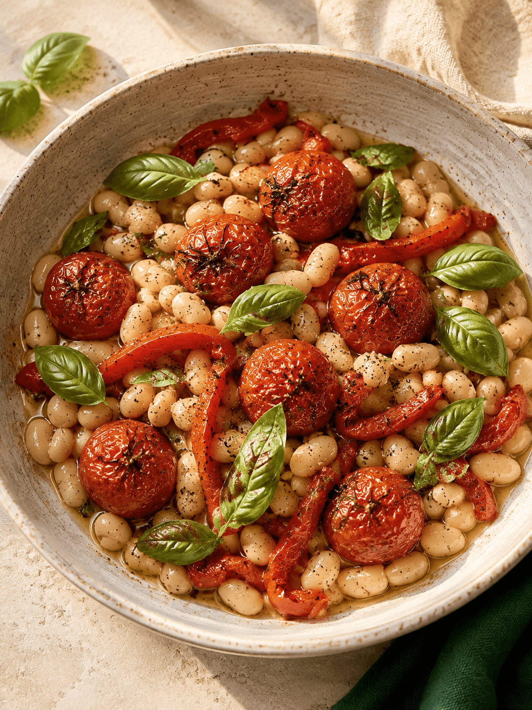 Haricots blancs servis avec des tomates rôties, du poivron rouge et du basilic
