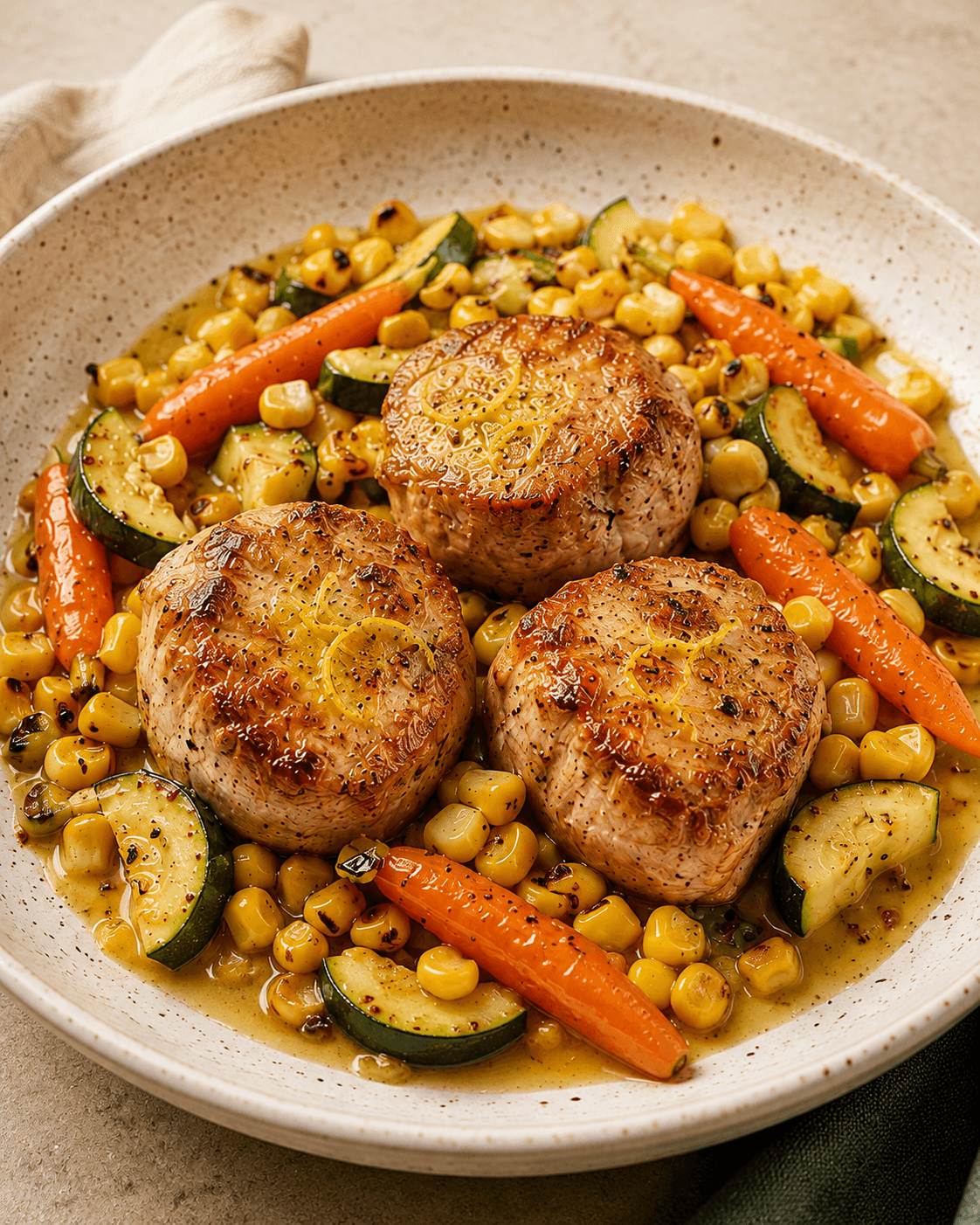 Assiette de porc doré aux légumes d’été