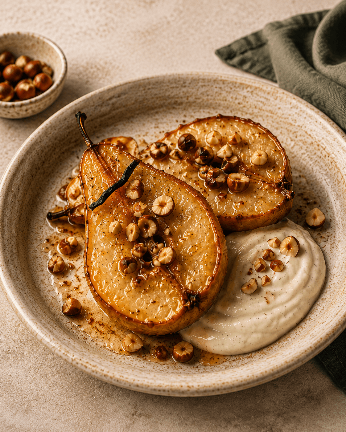 Poires rôties au miel avec une crème vanillée et des noisettes
